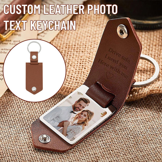 Custom Leather Photo Text Keychain Anniversary Gift For Couple